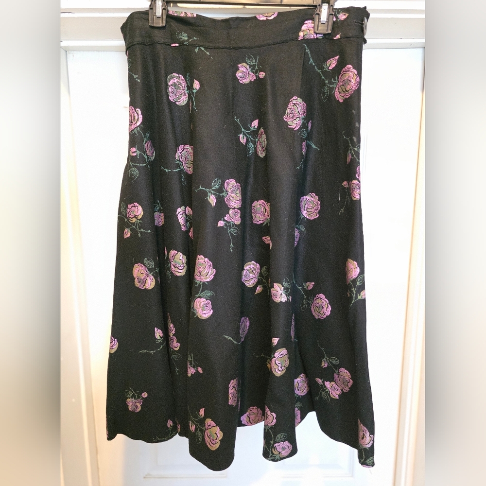 Vintage Floral Black Full Skirt With Metallic Pink Floral Background Large
